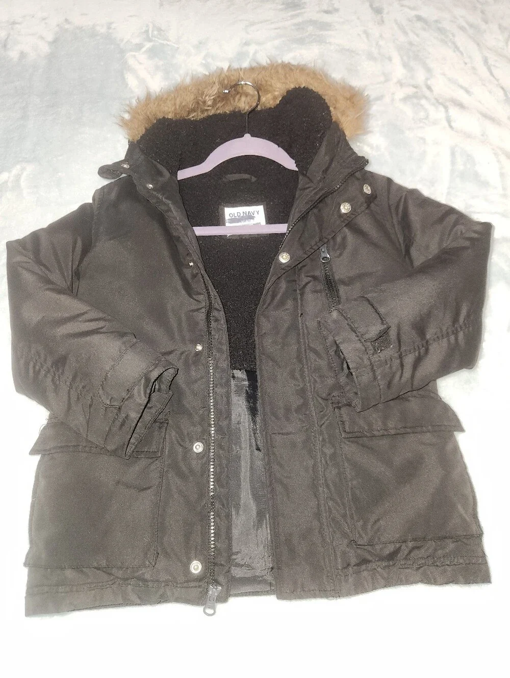 Old Navy Kids Black Hooded Puffer Coat with Faux Fur Trim